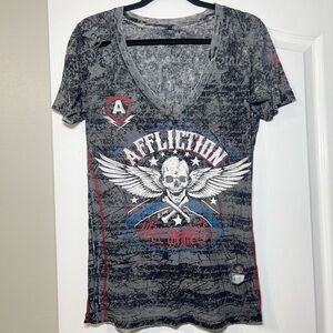 Affliction Black Gray Cutout V-Neck Graphic Tee with Red & Blue Accents